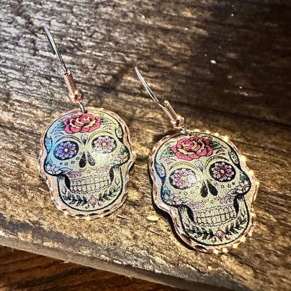 Handmade Boho Copper Earrings, Day of The Dead‎ Rose Wire Earrings, Gift Box - Picture 5 of 10